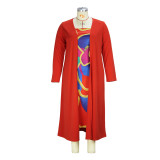 EVE Plus Size Solid Long Coat And Print Tube Tops Dress Two Piece Set XHSY-19838