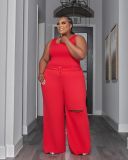 EVE Plus Size Sleeveless Solid Color Holes Two Piece Pants Set YIM-00126