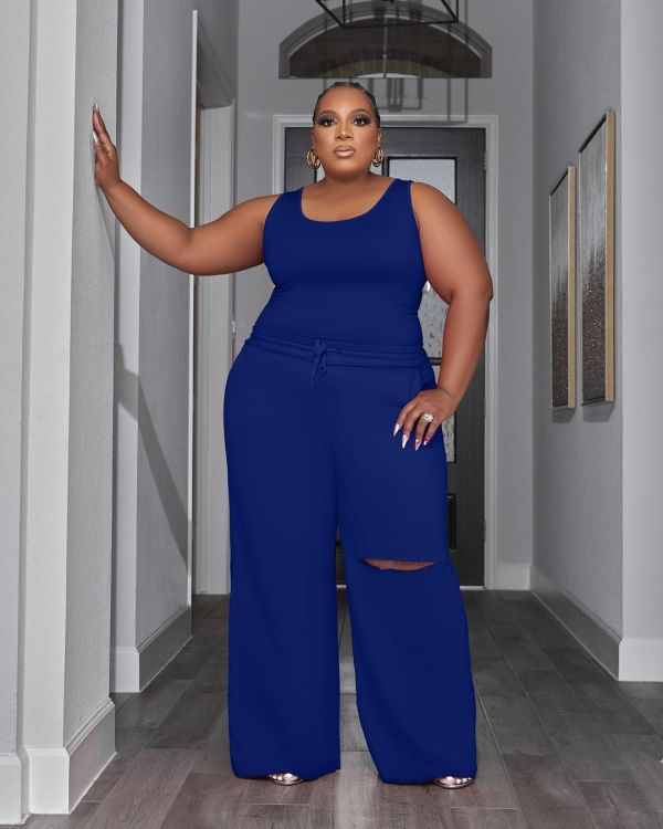 EVE Plus Size Sleeveless Solid Color Holes Two Piece Pants Set YIM-00126