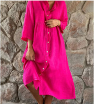 EVE Plus Size Solid Color Stand Collar Button Up Long Dress GOFY-7008