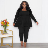 EVE Plus Size Solid Long Sleeve T Shirts Two Piece Pants Set NNWF-7943