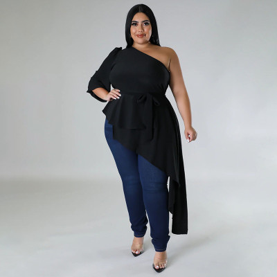 EVE Plus Size Solid Irregular Single Shoulder Tops NNWF-7922