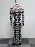 EVE Plus Size Fashion Print Long Sleeve Fishtail Dress NY-2857