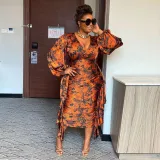 EVE Plus Size Printed Ruffle Pleated Lantern Sleeve Midi Dress NY-10597