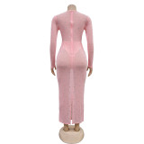 EVE Mesh See Through Long Sleeve Hot Drill Maxi Dress BY-6505