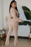 EVE Solid Color Knits Tie Up Long Sleeve Two Piece Pants Set JPF-1088