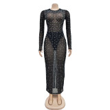 EVE Mesh See Through Long Sleeve Hot Drill Maxi Dress BY-6505