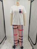 EVE Plus Size Stripe Plaid Print Short Sleeve Two Piece Pants Set YIM-366