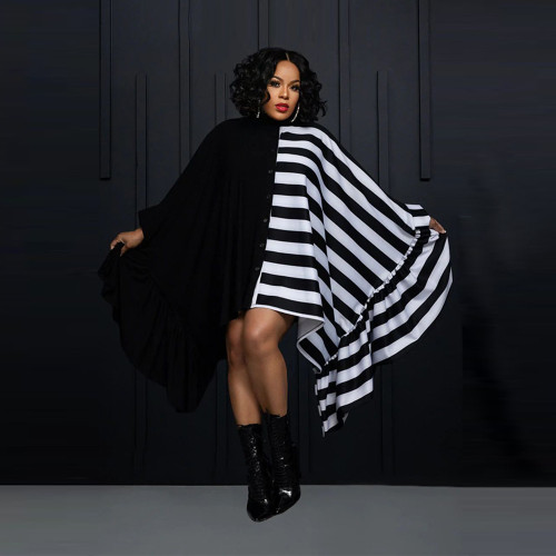 EVE Plus Size Striped Color Block Bat Sleeve Midi Dress YF-10638