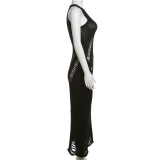 EVE Sexy Sleeveless Knits Hollow Out Slim Maxi Dress XEF-35649