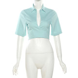 EVE Solid Color Short Sleeve Tie Up Tops XEF-33701