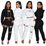 EVE Heart Hollow Out Hot Drill Hooded Sweatshirt Pants Two Piece Set YSYF-7665
