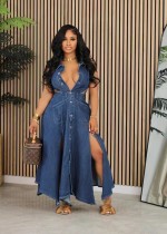 EVE Plus Size Sexy Sleeveless Loose Denim Split Maxi Dress WAF-77635