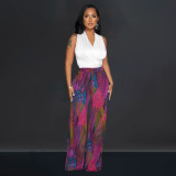 EVE Colorful Printed V-Neck Sleeveless Pants Two Piece Set BY-6708