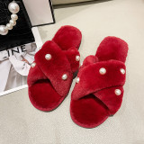 EVE Peal Furry Warm Flat Heel Crossover One Word Slippers ZFLX-FL-71