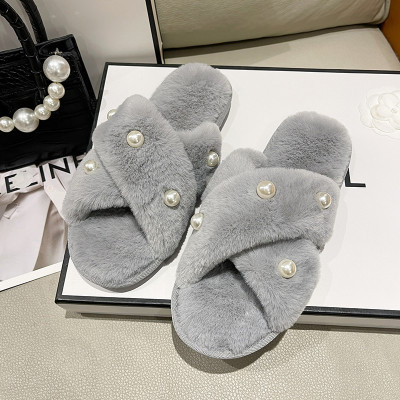 EVE Peal Furry Warm Flat Heel Crossover One Word Slippers ZFLX-FL-71