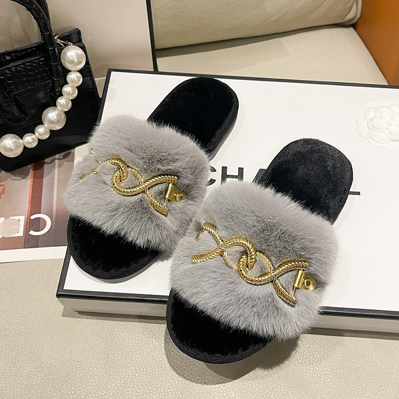 EVE Metal Twist Chain Furry Warm Slippers ZFLX-FL-64