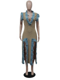 EVE Fashion Denim Patchwork Slit Deep V Maxi Dress MEM-88524