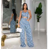 EVE Sexy Denim Print Tank Tops And Pants Two Piece Set ZSD-0630