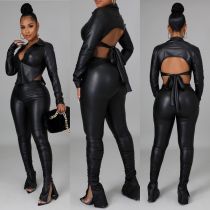 EVE Long Sleeve Tie Up Tops And Pant PU Leather 2 Piece Set LP-90125