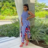 EVE Plus Size Stripe Patchwork Print Sleeveless Maxi Dress NY-10625