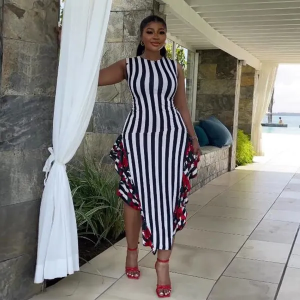 EVE Plus Size Stripe Patchwork Print Sleeveless Maxi Dress NY-10625