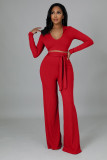 EVE Solid Color Deep V Neck Micro Flare Pants Two Piece Set XMY-9463
