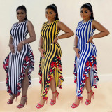 EVE Plus Size Stripe Patchwork Print Sleeveless Maxi Dress NY-10625