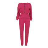 EVE Solid Color Hooded Zipper Coat And Pants Two Piece Set FENF-285