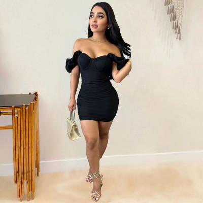 EVE Solid Color One-Shoulder Pleated Mini Dress NY-10628