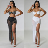 EVE Sexy Mesh Hot Drill Bra And Split Long Skirt Nightclub 2 Piece Set GOSD-6878