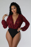 EVE Print Deep V Neck Long Sleeve Bodysuit XHXF-376