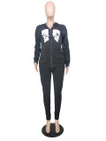 EVE Halloween Skull Print Sweatshirt Fleece Zipper Jacket Two Piece Set APLF-2030