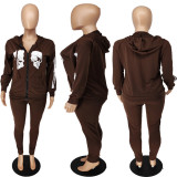 EVE Halloween Skull Print Sweatshirt Fleece Zipper Jacket Two Piece Set APLF-2030