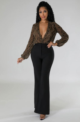 EVE Print Deep V Neck Long Sleeve Bodysuit XHXF-376