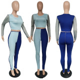 EVE Color Blocking Long Sleeve Sport Two Piece Pants Set MUKF-M049