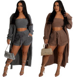 EVE Casual Solid Sweater Wrap Chest Jacket Three Piece Short Set YS-869