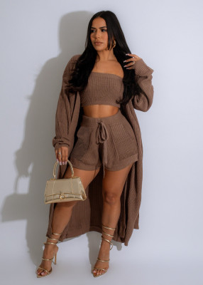 EVE Casual Solid Sweater Wrap Chest Jacket Three Piece Short Set YS-869