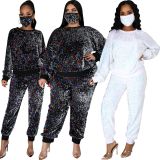 EVE Plus Size Casual Sequin Long Sleeve Two Piece Pants Set(With Mask) BDF-7077