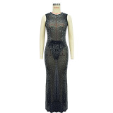 EVE Mesh Solid Color Hot Drill Sleeveless Maxi Dress BY-6663