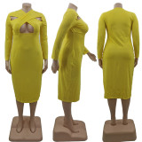 EVE Plus Size Cross Wrap Chest Long Sleeve Maxi Dress MUKF-1011