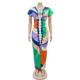 EVE Fashion V Neck Print Split Pleated Maxi Dress BY-6660