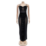 EVE Sexy Sequin Patchwork See Through Sling Maxi Dress BY-6747