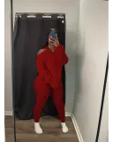 EVE Solid Color Off Shoulder Hooded Sweater Two Piece Pants Set QXTF-8217