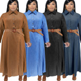 EVE Fashion Denim Lapel Long Sleeve Long Dress(With Waist Belt) GDAM-218321