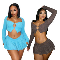 EVE Plush Long Sleeve Cardigan TopTwo Piece Skirt Set BN-9437