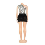 EVE Sexy Slash Shoulder Solid Bodysuit And Mini Skirt 2 Piece Set AIL-AL238