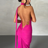 EVE Sexy Backless Pleated Slim Solid Sleeveless Dress BLG-D3312176A