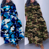 EVE Plus Size Camouflage Printed Tie Up Big Swing Maxi Dress NY-10646