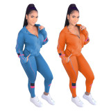 EVE Fashion Zipper Patchwork Hooded Two Piece Pants Set QXTF-XT8813